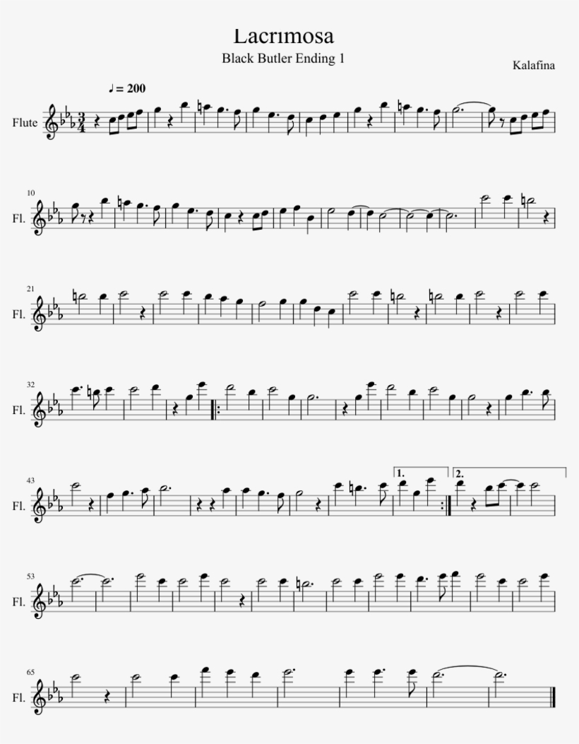 Lacrimosa, Black Butler Sheet Music For Flute Download - Il Cigno Violoncello Spartito, transparent png #5633662