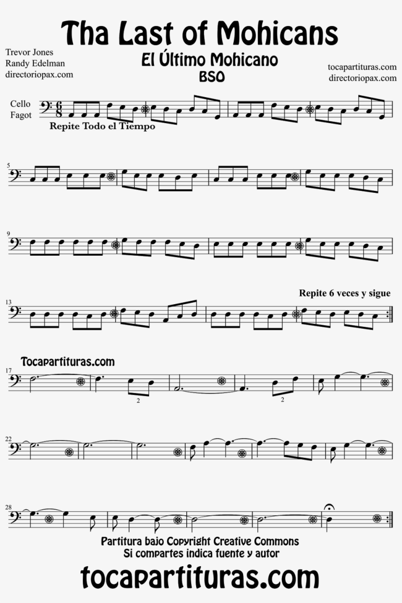 Partituras Para Fagot - Last Of The Mohicans Violin Notes, transparent png #5707474