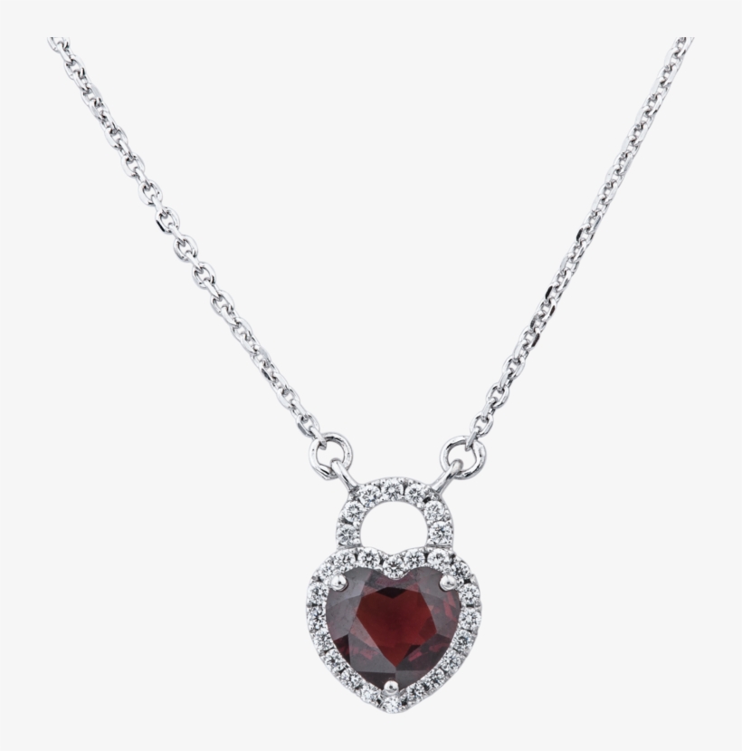 14k White Gold Diamond And Garnet Heart Lock Necklace - White Gold Necklace For Womens, transparent png #5737160