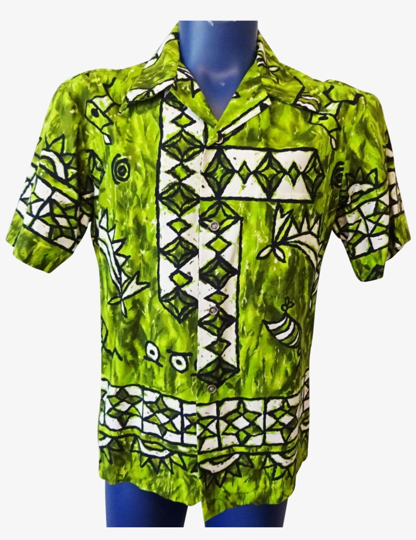 Mens Hawaiian Shirt Vintage 1960s Green Cotton Ui Maikai - Active Shirt, transparent png #5763310