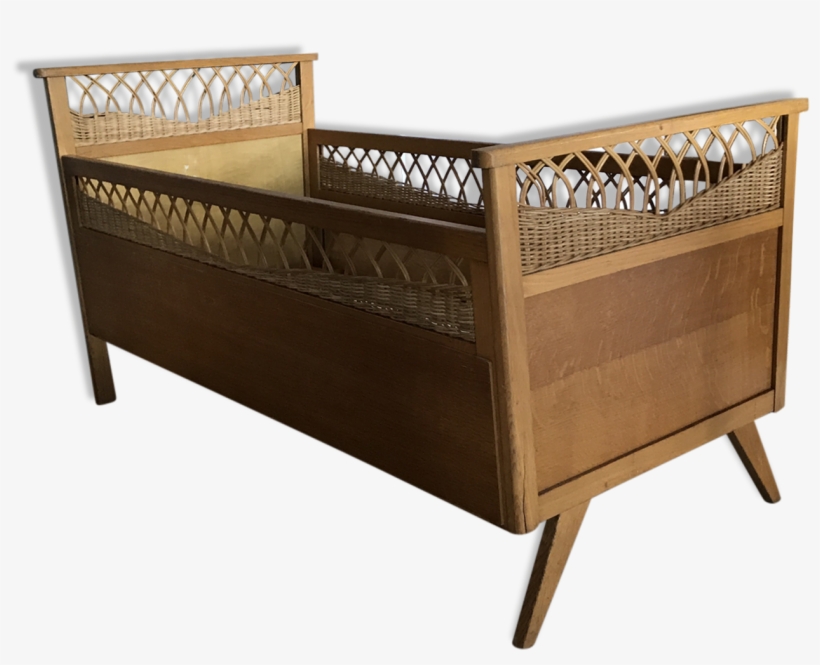 Vintage Wood And Rattan Year 60 Baby Bed - Infant Bed, transparent png #5764065
