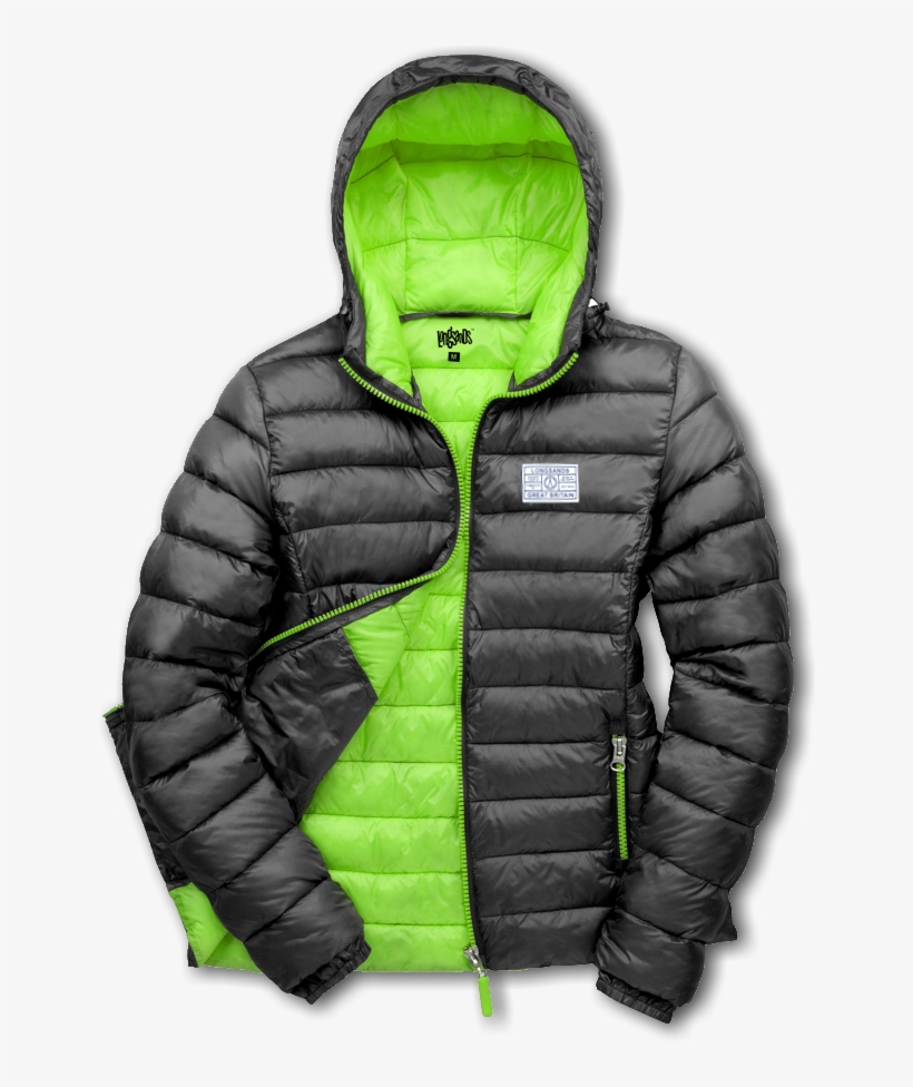 Womens Hooded Pad Jacket - Black And Green Puffer Jacket, transparent png #5768052