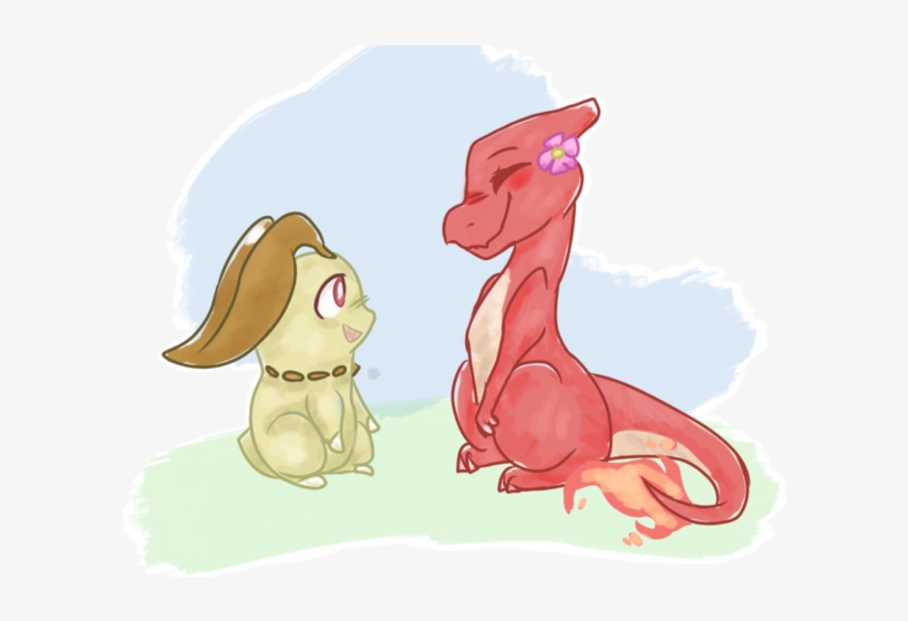 Charmeleon And Chikorita - Cartoon, transparent png #5794877