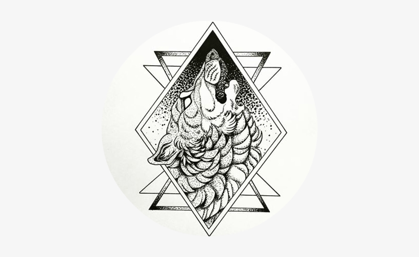 Fluffy Dotwork Howling Wolf In Geometric Frame Tattoo - Dot Work Tattoo Png, transparent png #580322
