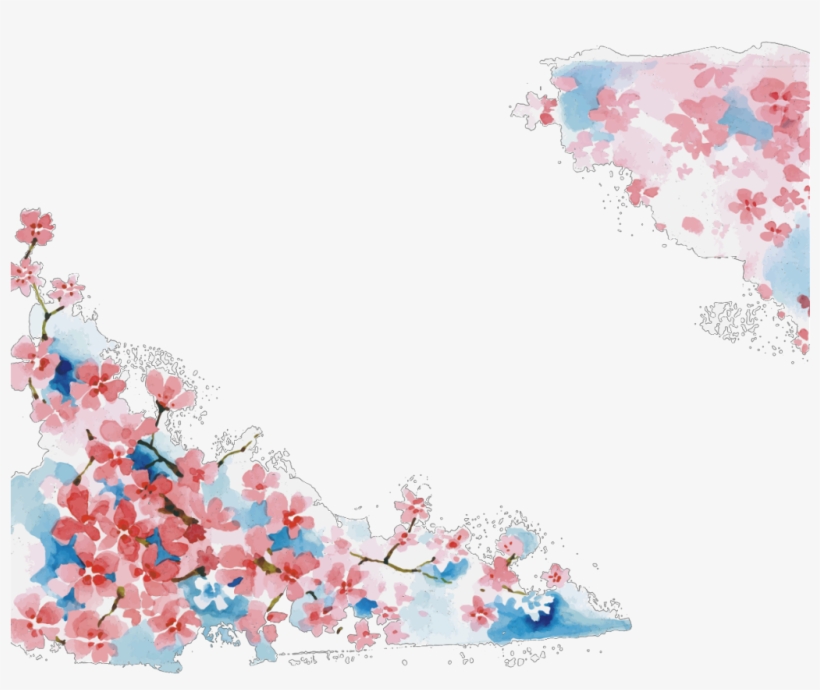 Ftestickers Watercolor Flowers Frame Borders Pink - Watercolor Cherry Blossom Shower Curtain, transparent png #5804252