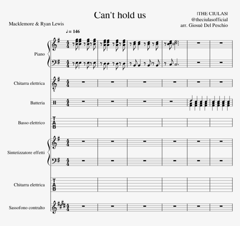 Can't Hold Us Sheet Music For Piano, Percussion, Bass, - Sheet Music, transparent png #5806816