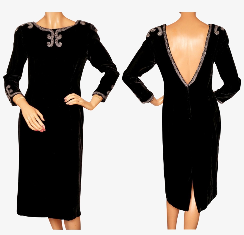 Vintage 1950s Beaded Black Velvet Cocktail Party Dress - Cocktail Party, transparent png #5838318