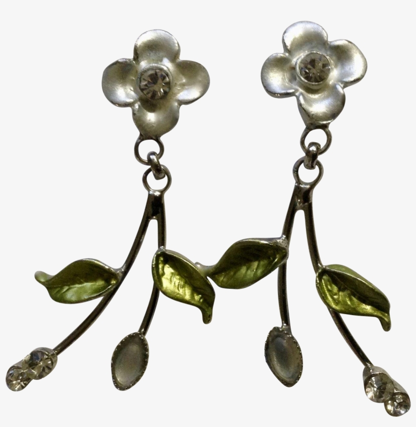 Silver Tone Flowers With Leaves And Crystal Rhinestones - Earrings, transparent png #5872794