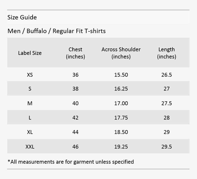 Regular Fit T Shirt Size Chart