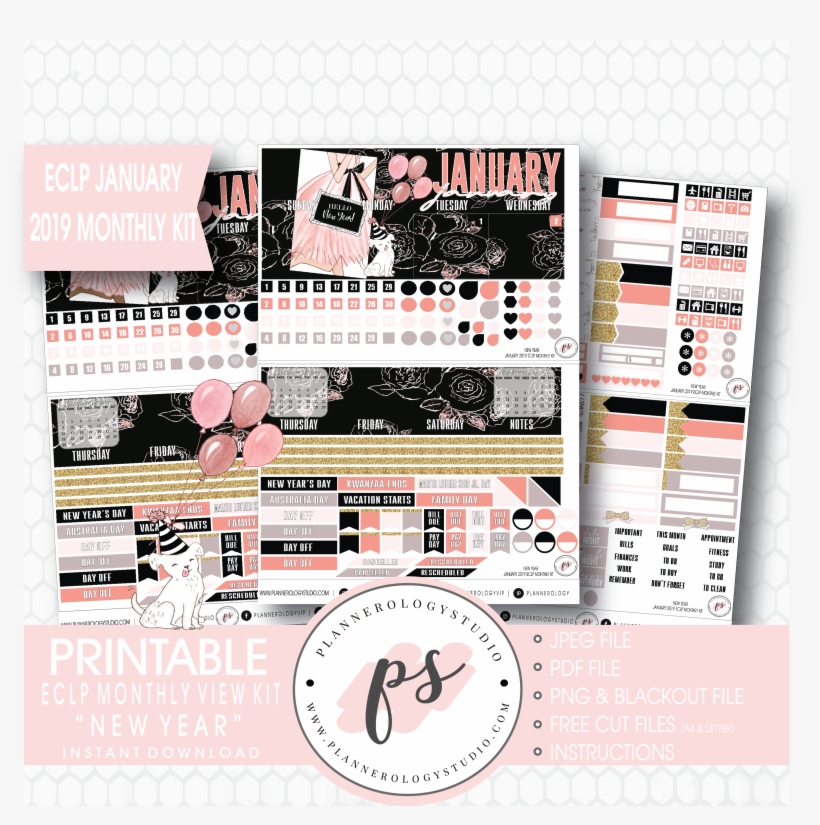 New Year January 2019 Monthly View Kit Digital Printable - Wall Clock, transparent png #5917233