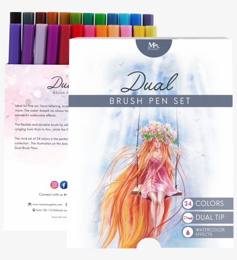 Dual Brush Pens - Mozart Supplies Dual Tip Brush Pen Marker Set - 24, transparent png #5929591