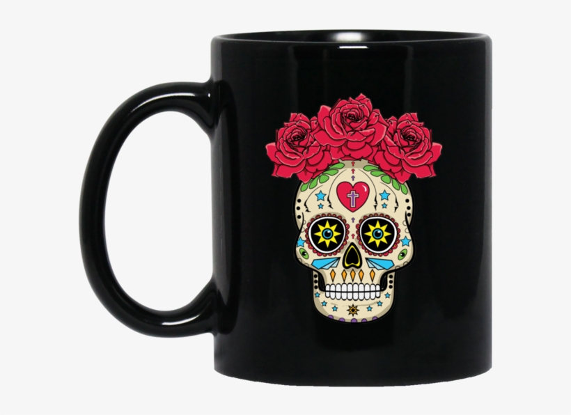 Sugar Skull With Roses Black Mug - Mug, transparent png #5932984