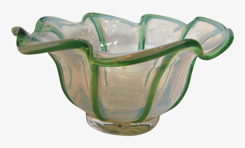 English Opalescent Art Glass Bowl W Green Edges C - Art, transparent png #5973352