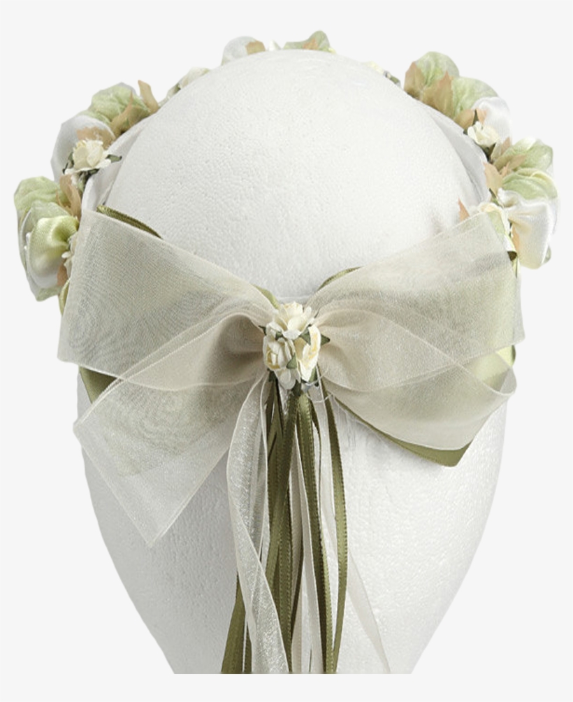 Sage Silk Floral Crown Wreath W Back Satin Bows Girls - Satin, transparent png #5974676