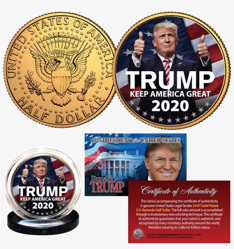 24k Gold Trump 2020 Collector Coin Jfk Half Dollar, transparent png #5982382