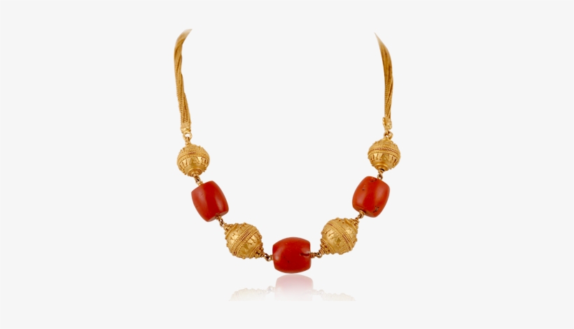 Beaded Coral Gold Ethnic Necklace - Necklace, transparent png #64701