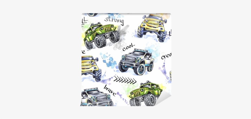 Watercolor Seamless Pattern Cartoon Monster Trucks - Monster Truck, transparent png #66801