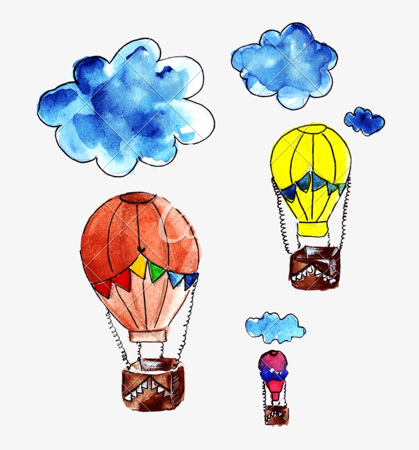 Hand Drawing Of Watercolor Clouds And Flying Balloons - Drawing, transparent png #68679