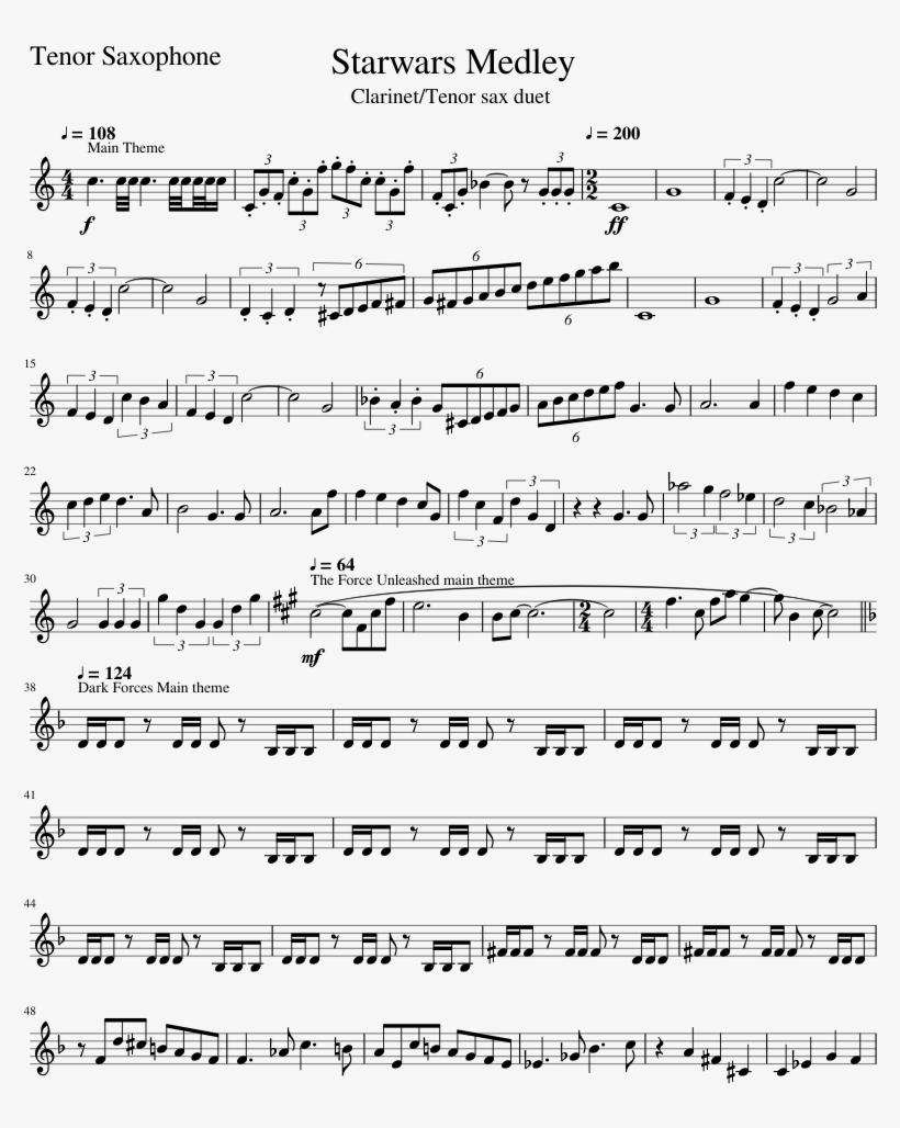 Starwars Medley Tenor Saxophone Sheet Music For Tenor - Vocaloid Viola Sheet Music, transparent png #6030074