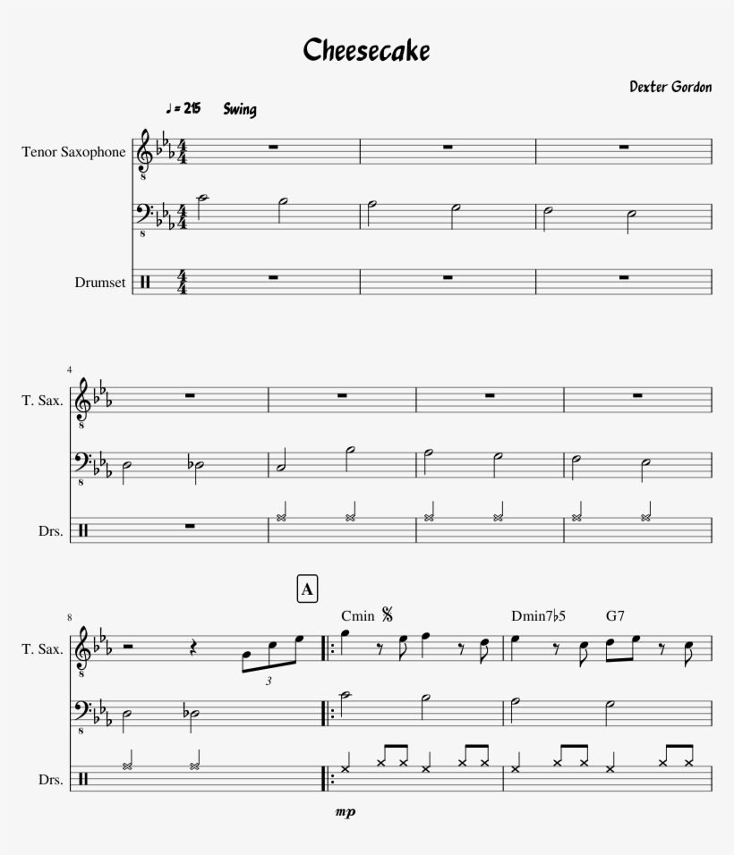 Cheesecake Sheet Music For Tenor Saxophone, Bass, Percussion - Cheesecake Sheet Music, transparent png #6030357