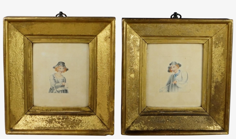 Antique Georgian Miniature Watercolor Pair Lemon Gilt - Watercolor Painting, transparent png #618182