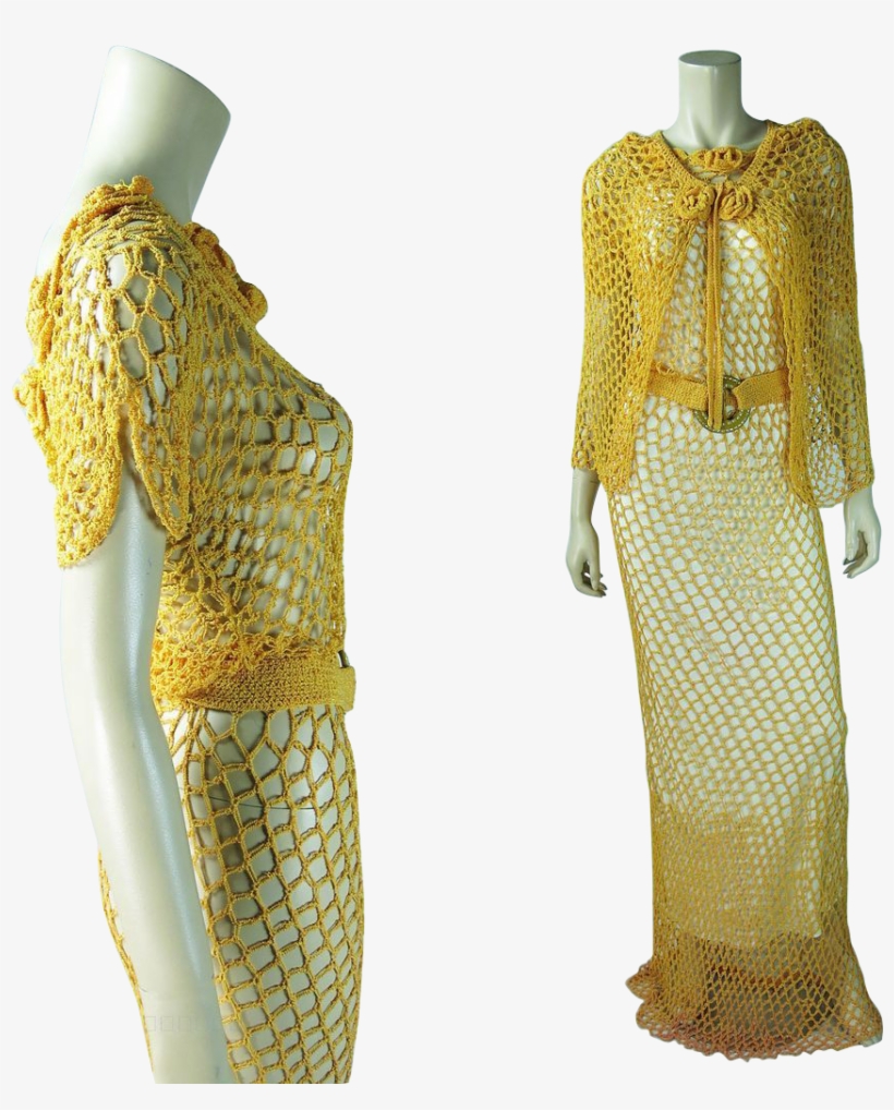 1930's Orange Fishnet Evening Dress With Cape, Belt, transparent png #6128768