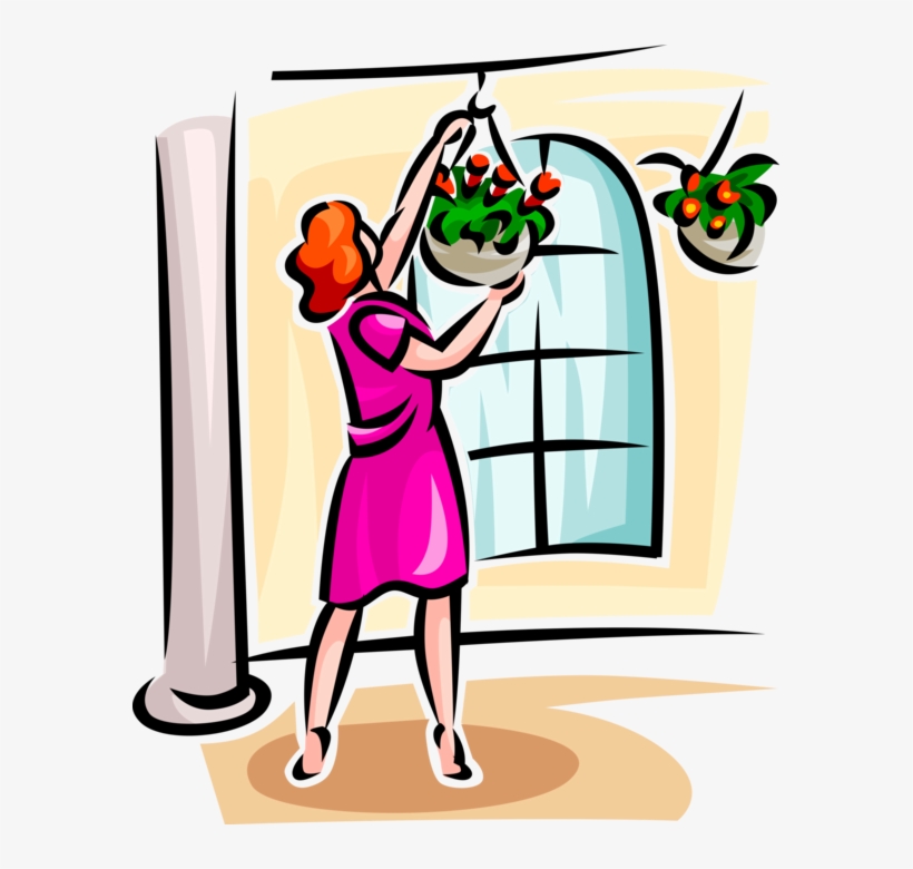 Vector Illustration Of Woman With Hanging Basket Flowering - Porch, transparent png #6184558