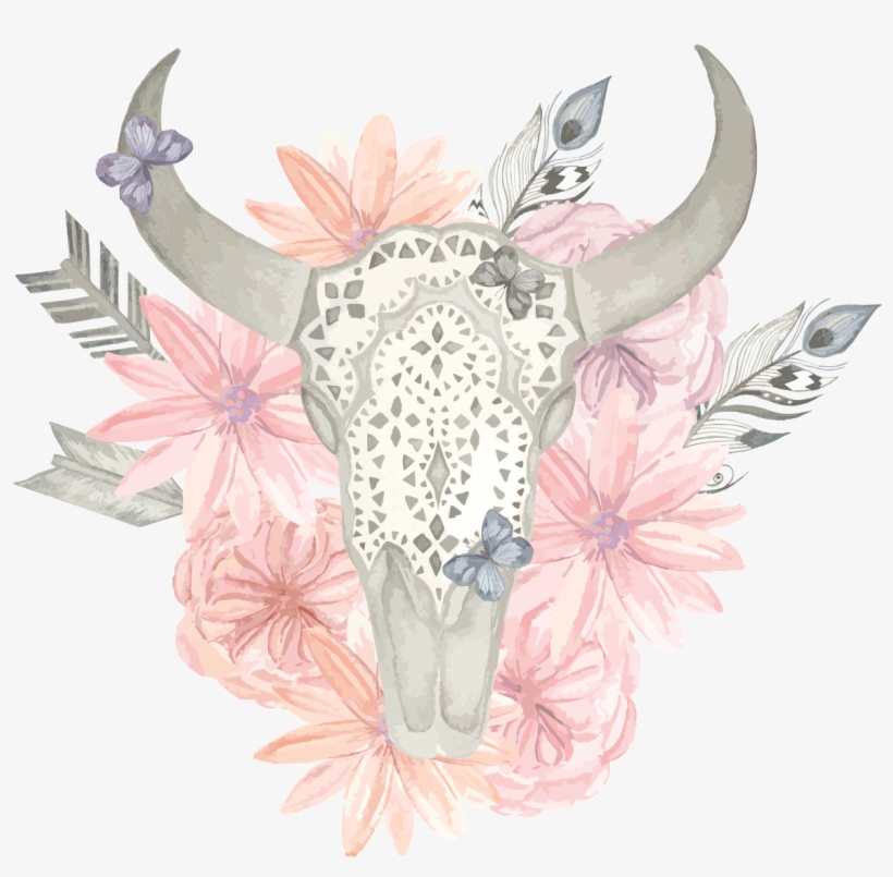 Sticker Boheme Tete De Buffle Romantique Ambiance Sticker - Buffalo Skull Pillow Case, transparent png #6184674