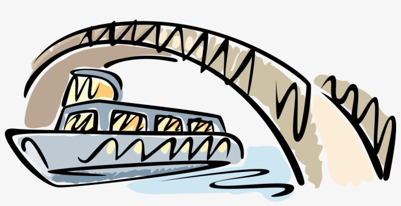 Vector Illustration Of Tourist Sightseeing Passenger - Boat Under The Bridge Cartoon, transparent png #6193907