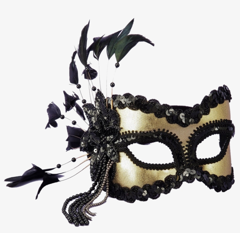 Carnival Mask Png Pic - Black And Gold Sequin And Feather Mardi Gras Mask, transparent png #626261