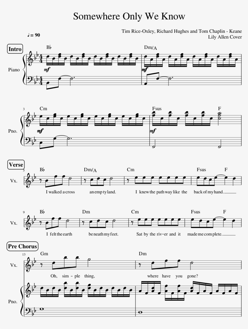Lily Allen Somewhere Only We Know Sheet Music For Piano, - Sheet Music, transparent png #6235405
