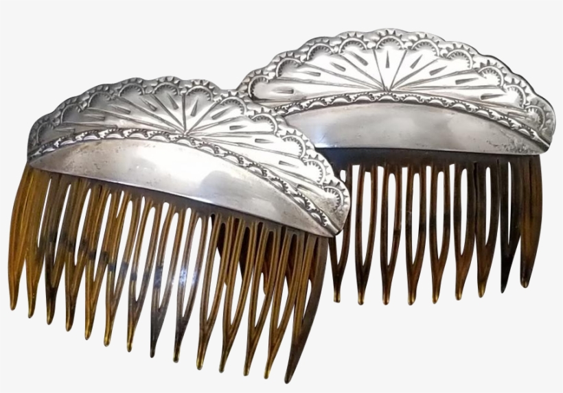 Vintage Pair Sterling Silver And Faux Tortoise Shell - Comb, transparent png #6273488