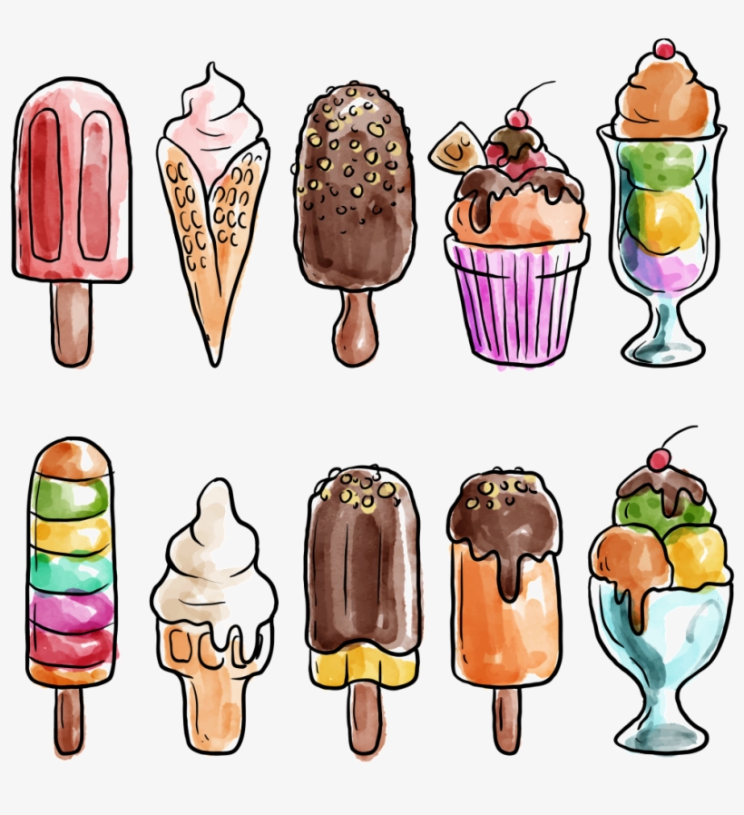 Featured Ice Cream Transparent - Ice Creams Hand-drawn Watercolor Cool T-shirt, transparent png #6299136