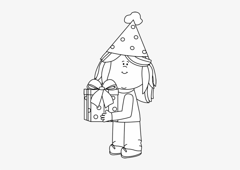 Black And White Birthday Girl With Gift - Black And White Birthday Girl Clip Art, transparent png #633048