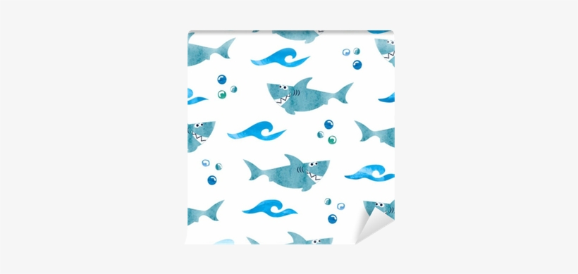 Seamless Pattern With Cartoon Watercolor Sharks - Cartoon Shark Background, transparent png #634588