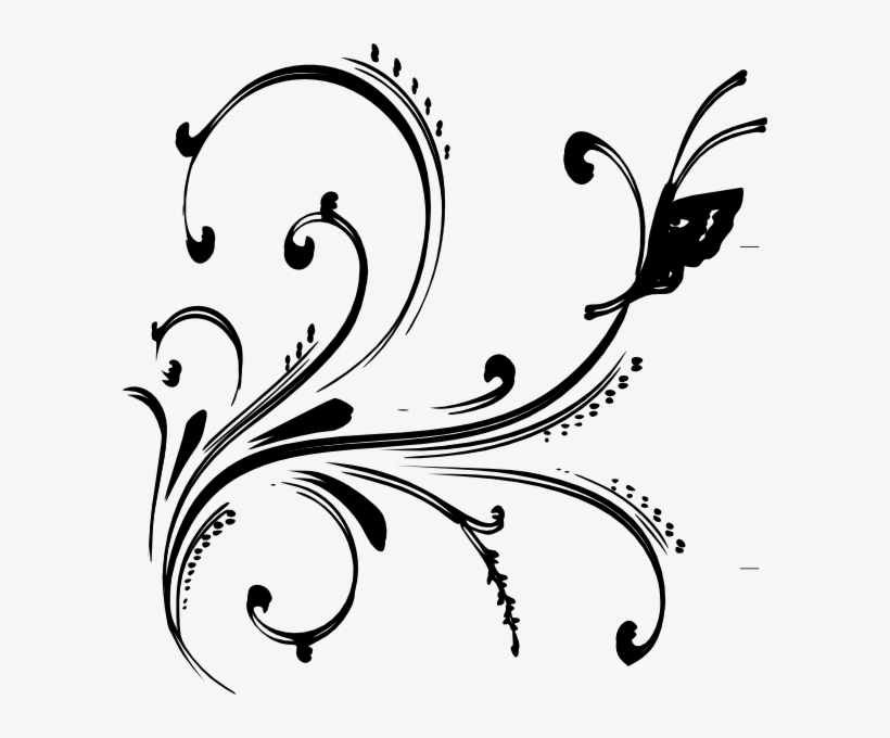 Black Floral Design With Butterfly Clip Art - Black Flower Design Png, transparent png #637895