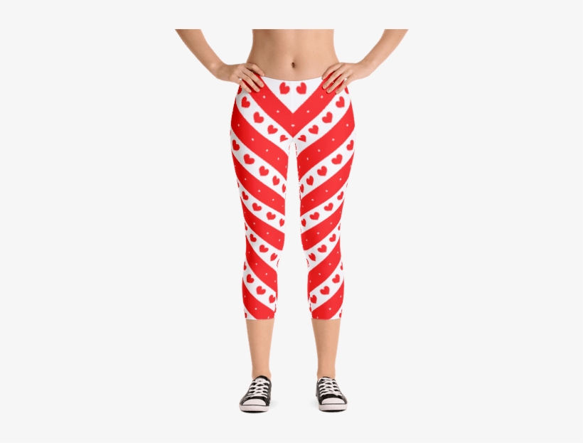 Red And White Stripes With Romantic Hearts Capri Leggings - Happy Double Hooded Pied Frenchie Capri Leggings, transparent png #6325400