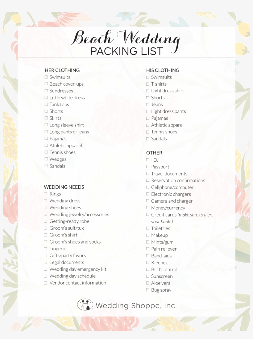 Beach Wedding Packing List - Menu, transparent png #6332366