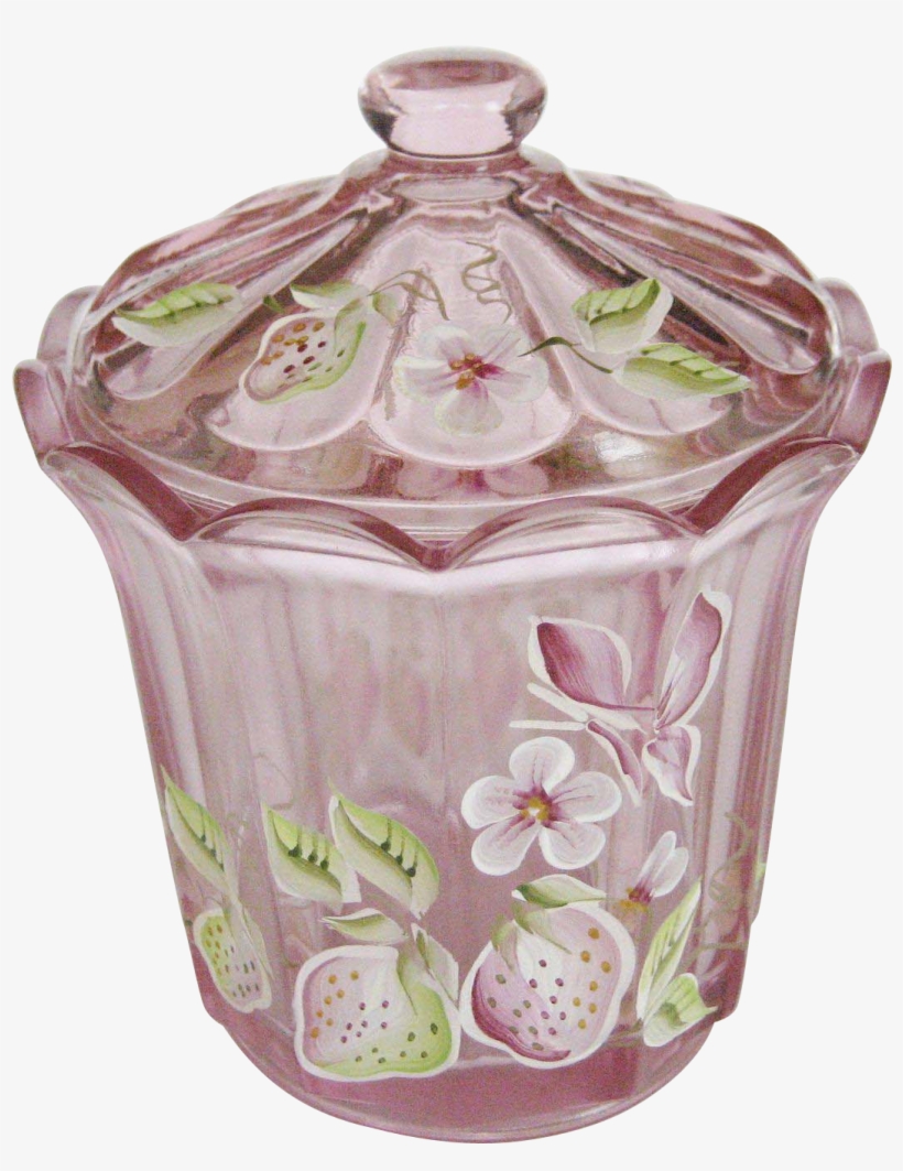 Fenton Clear Pink Glass Hand Painted Candy Jar With - Lid, transparent png #6345720
