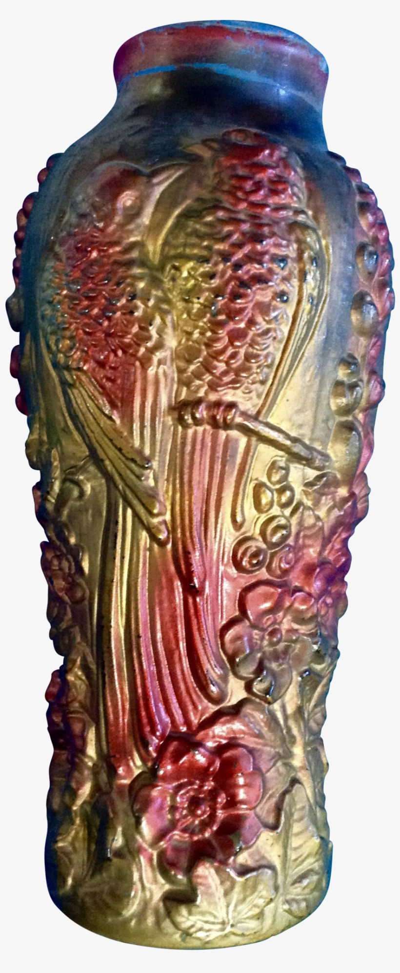 Gorgeous Goofus Glass Tropical Bird Large Vase 1900 - Vase, transparent png #6369854