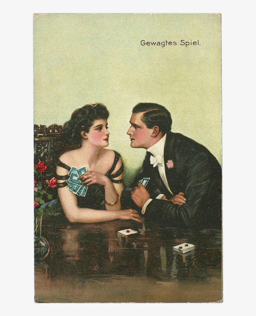 Vintage Romantic Postcard Of Man And Woman Playing - Artist, transparent png #6380075
