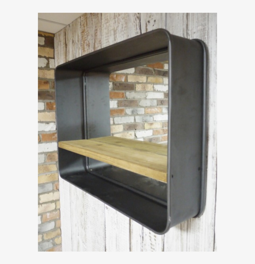Industrial Style Mirror With Wooden Shelf - Mirror, transparent png #6396832