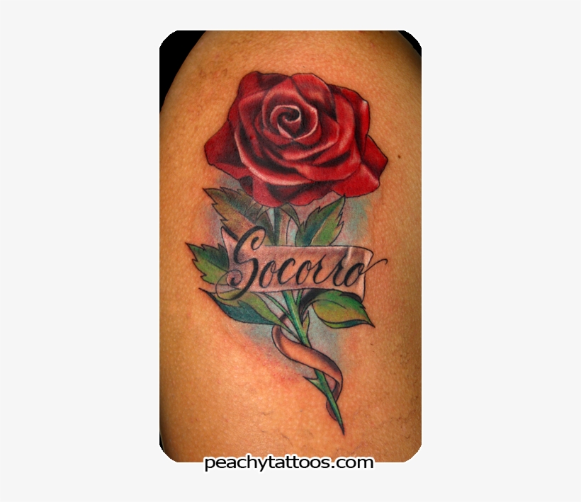 Wonderful Rose Banner Tattoo - Red Rose With Name Tattoo, transparent png #641805