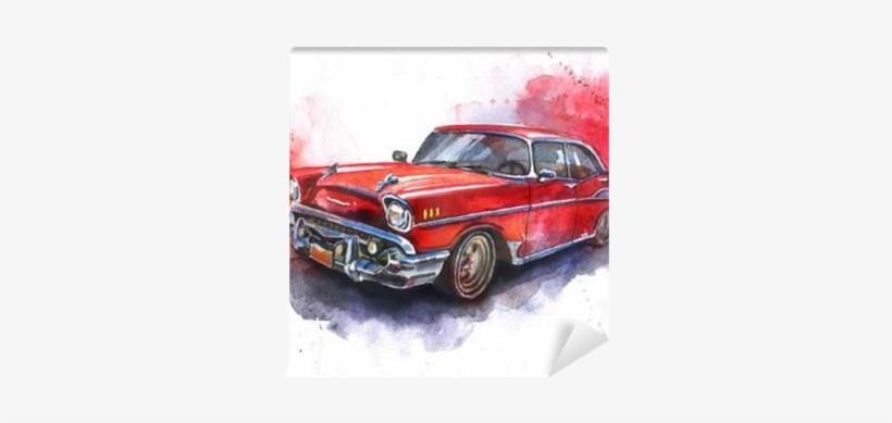 Watercolor Hand Drawn Old Fashioned Red Car Wall Mural - Carro Dibujo Acuarela, transparent png #647912