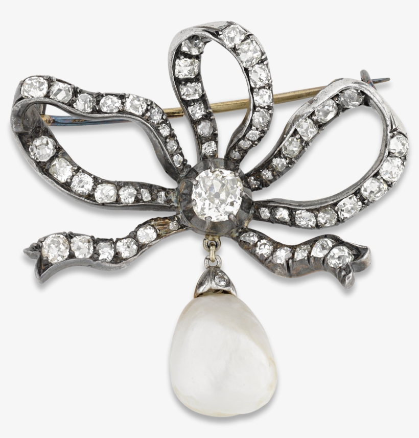 Victorian Diamond And Pearl Bow Brooch - Brooch, transparent png #6400669