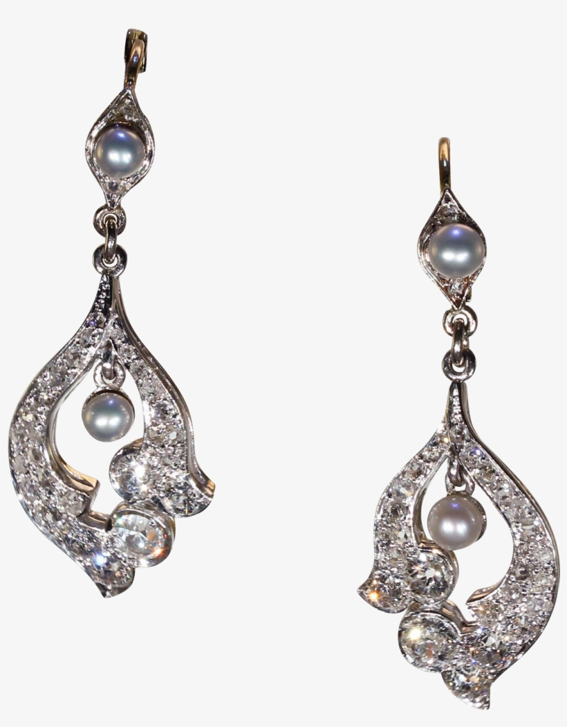 Antique Edwardian Diamond Pearl Earrings 18k Gold Platinum, transparent png #6401308