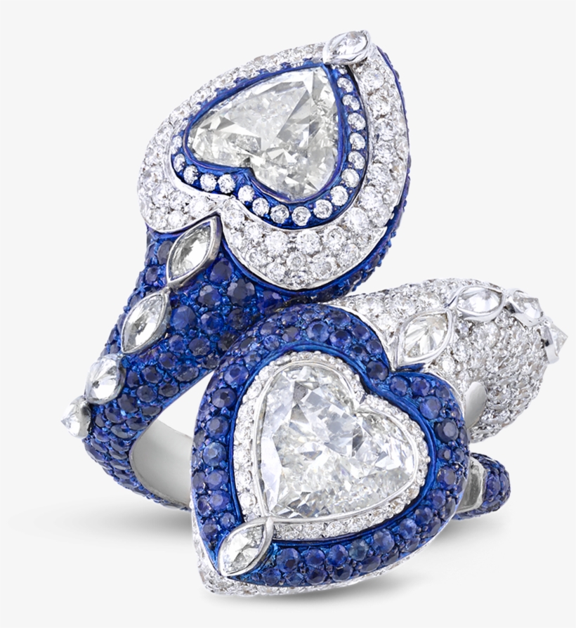 Heart-shaped Diamond And Sapphire Bypass Ring - Ring, transparent png #6418169