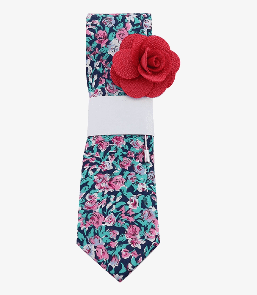 Navy Tie With Bright Floral Print & Red Lapel Pin - Necktie, transparent png #6433963
