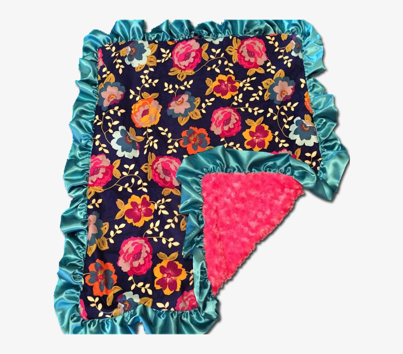 Pink & Floral Print Blanket With Blue Trim - Linens, transparent png #6434921