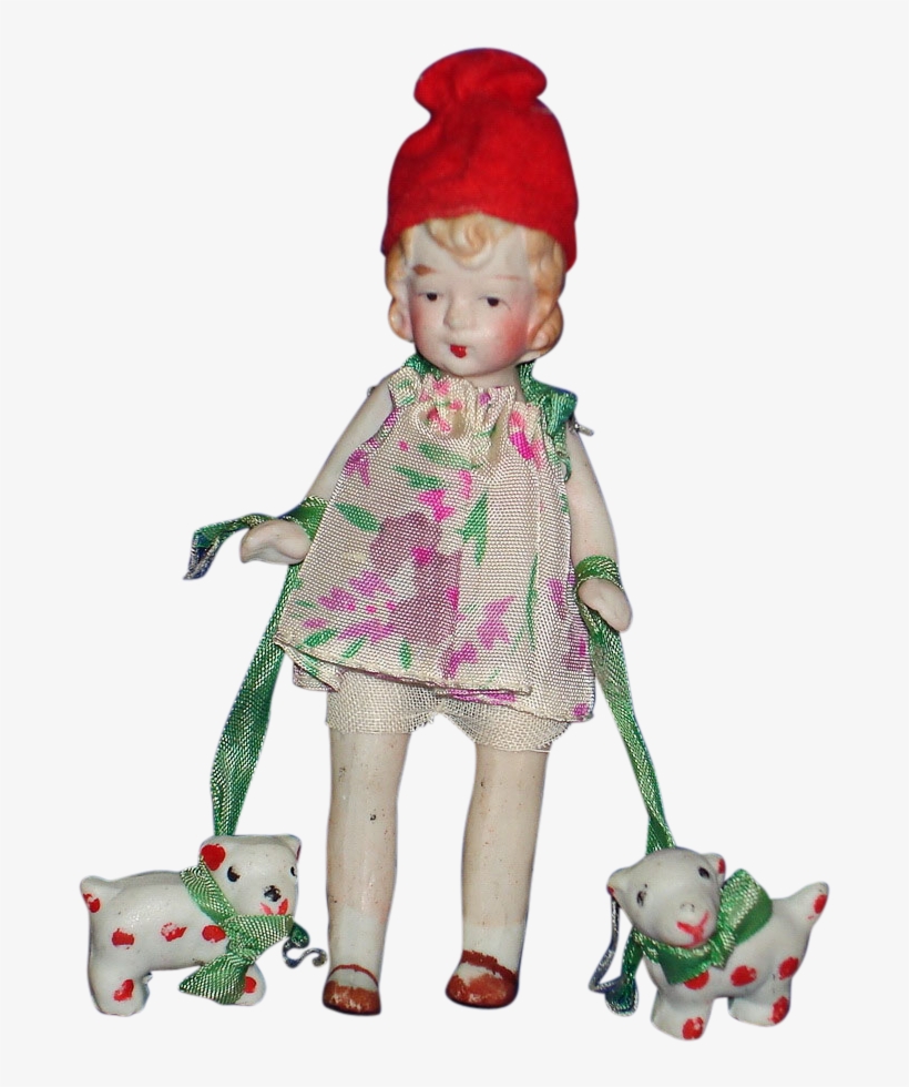 Japan Girl Walking Dogs Japan Bisque Vintage - Doll, transparent png #6460094
